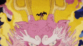 a cartoon character is standing on top of a large pink dragon