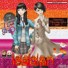 a couple of anime girls standing next to each other with a sign that says gay and catholic girls