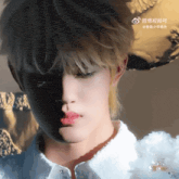 a close up of a person 's face with chinese writing on the bottom right corner