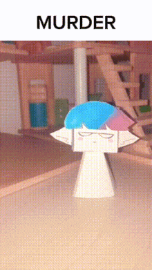 a cartoon character with a blue and pink hair is standing in a room with the word murder on the bottom .