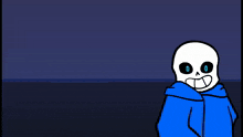a cartoon drawing of a skeleton wearing a blue jacket