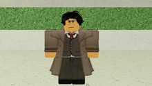a cartoon character wearing a suit and tie stands in front of a green wall