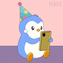 a penguin wearing a party hat is looking at a cellphone