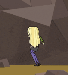 a cartoon character with blonde hair and purple pants is standing on one leg