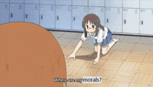 a girl in a school uniform is kneeling on the floor and asking where are my morals