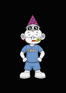 a cartoon character wearing a blue shirt that says adios on it