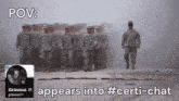 a group of soldiers marching down a street with the caption " grievous appears into # certi-chat "