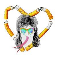 a drawing of a woman surrounded by cigarettes and a heart
