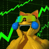 a cartoon cat wearing sunglasses and holding a blue ball in front of a green line