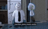 a cartoon character says somber piano music ends in front of a refrigerator