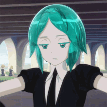a girl with green hair and a black shirt and tie