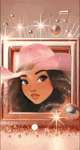 a painting of a girl wearing a pink cowboy hat