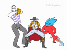 a drawing of a man playing a trumpet and two other men dancing with the caption sohord pudding