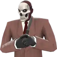 a man in a suit and tie with a skull mask on his face