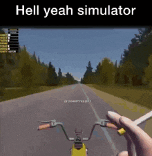 a person is riding a motorcycle in a video game with the words hell yeah simulator on the bottom