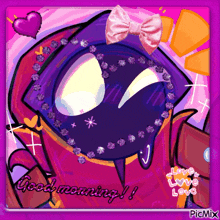a picture of a monster with a pink bow and the words good morning on it