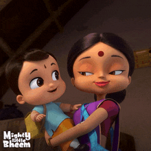 a poster for mighty little bheem showing a woman holding a child