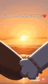 a couple of cartoon characters holding hands in front of a sunset with the words `` good morning love '' .