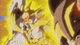 a cartoon character is standing in front of a yellow background and holding a sword .