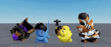 a group of cartoon characters are standing next to each other on a tiled floor