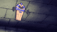 a cartoon drawing of a coffin with a face and arms
