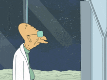 a cartoon character with glasses and a white coat looks out a window