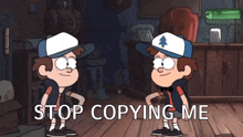 two cartoon characters pointing at each other with the words " stop copying me " behind them