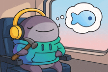 a cartoon character wearing headphones and holding a pickaxe dreams of a fish