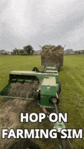 a picture of a hay baler in a field with the words hop on farming sim below it