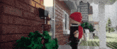 a lego man in a red hat stands on a porch