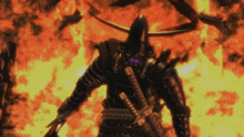 a samurai standing in front of a fire
