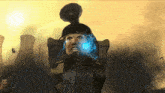 a man with a helmet on has a lightning bolt coming out of his face