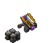 a purple and gold atv is sitting on top of a pile of barrels .