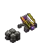 a purple and gold atv is sitting on top of a pile of barrels .