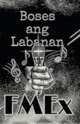 a black and white poster with a hand holding a microphone and the words boses ang labanan fmex