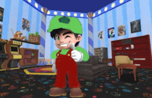 a video game character is giving a thumbs up in a room