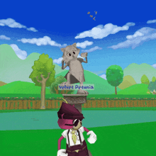 a cartoon character stands in front of a statue that says velvet petunia