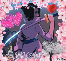a picture of a woman holding a sword with the word snow written on the bottom