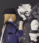 a couple of anime characters are standing next to each other .
