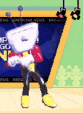 a cartoon character is dancing in front of a tv screen that says breaking news