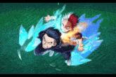 a couple of anime characters standing next to each other with a green background