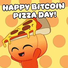 a cartoon character holding a slice of pizza with the words happy bitcoin pizza day below it