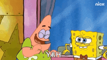 patrick star and spongebob squarepants are standing next to each other and talking .