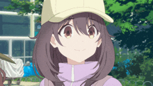 a girl wearing a white hat and a purple jacket
