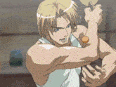 a man in a white tank top is playing ping pong with a paddle