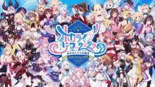 a group of anime characters are gathered in front of a logo that says hololive summer 2020