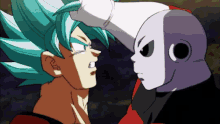 a cartoon character with blue hair is standing next to another character with white hair