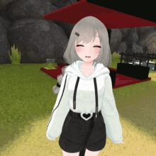 a girl wearing a white hoodie and black shorts with a heart belt