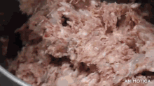 a close up of a pile of meat in a bowl with the words made in animatica on the bottom
