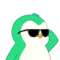 a cartoon penguin wearing sunglasses is holding a blue bowl